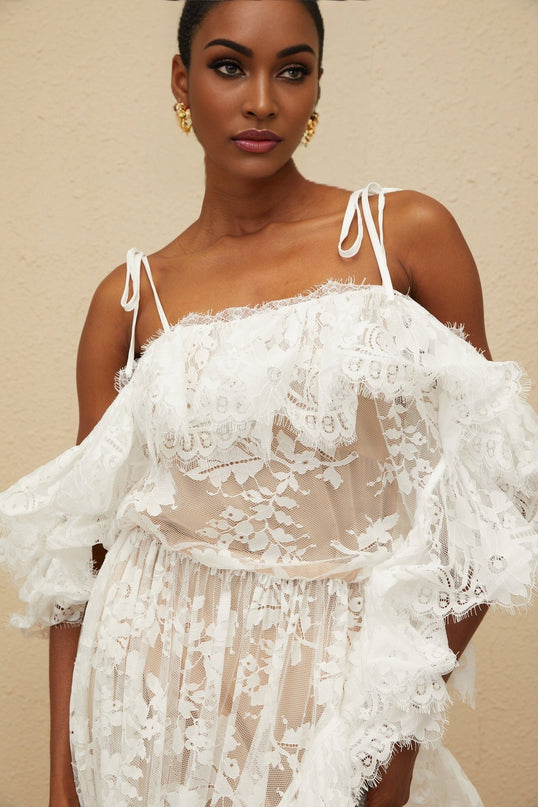 White one shoulder floral lace mini dress with ruffled detailing