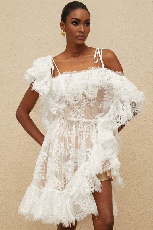 White one shoulder floral lace mini dress with ruffled detailing and asymmetrical design