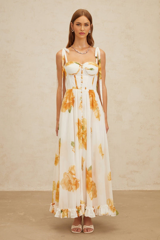White and Orange Floral Print Maxi Dress with Sweetheart Neckline and Boned Bodice