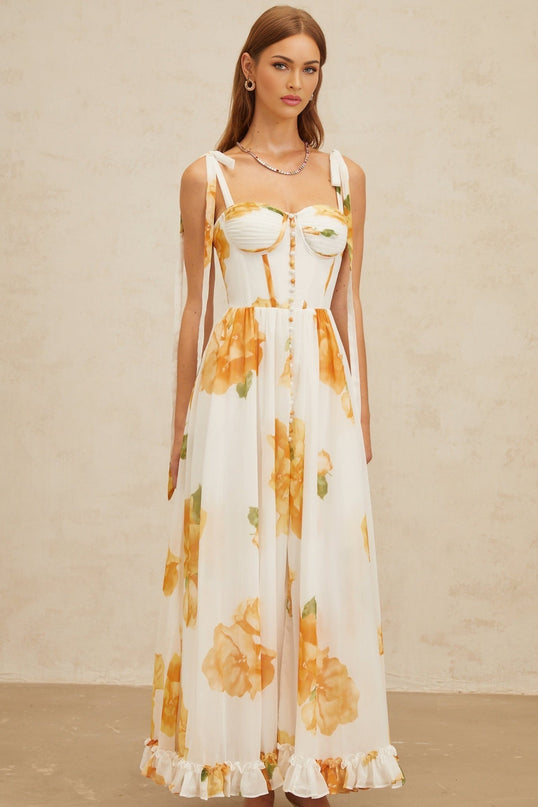 White and Orange Floral Print Maxi Dress with Sweetheart Neckline and Front Slit