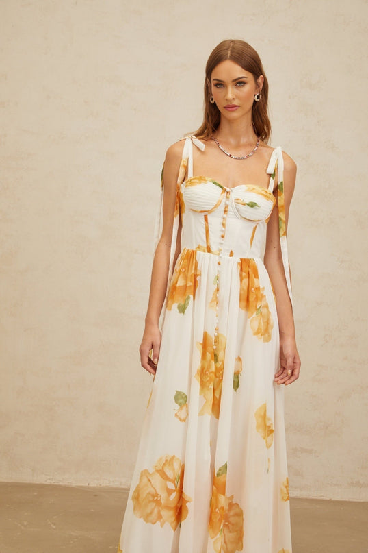 White and Orange Floral Print Maxi Dress with Sweetheart Neckline and Ruffled Trim