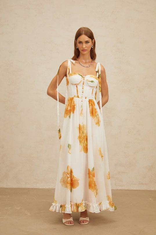 White and Orange Floral Print Maxi Dress with Sweetheart Neckline and Ruffled Trim