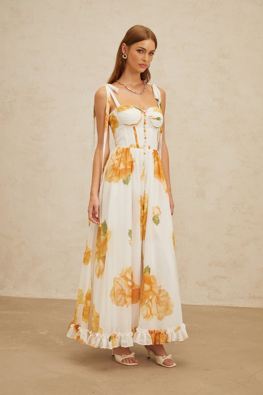 White and Orange Floral Print Maxi Dress with Sweetheart Neckline and Ruffled Trim