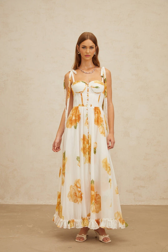 White and Orange Floral Print Maxi Dress with Sweetheart Neckline and Ruffled Trim