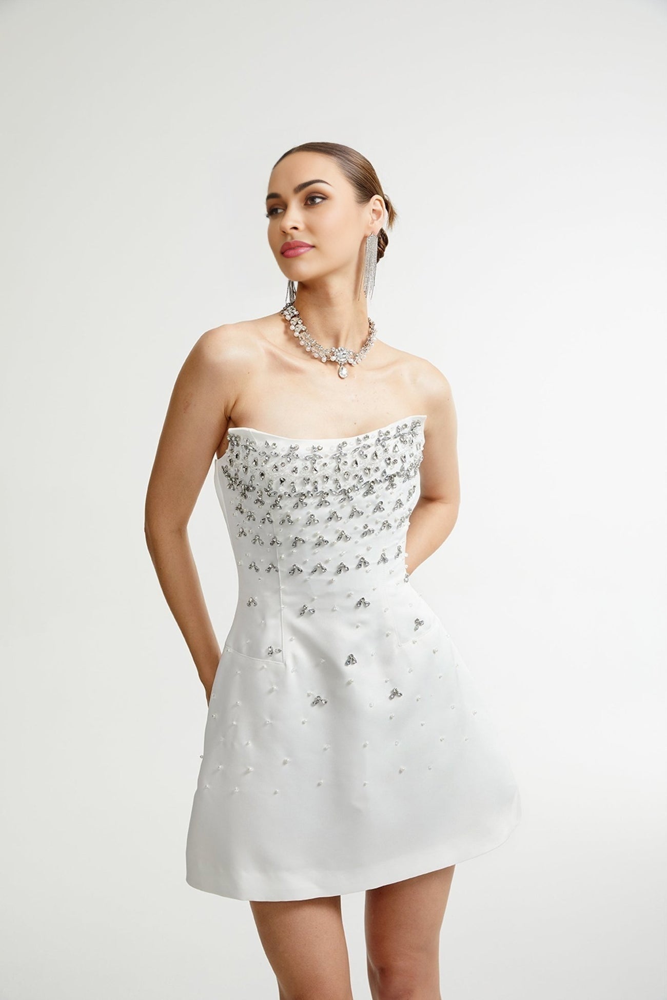 White ornate short dress Melisande model