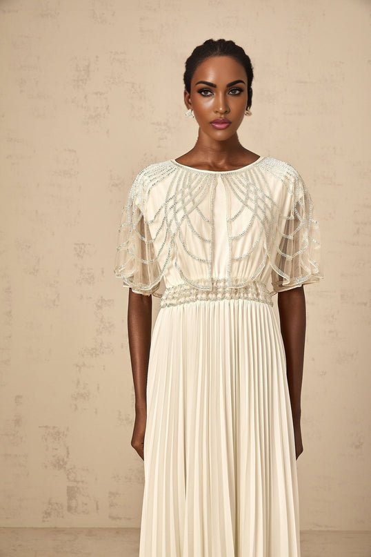 White pleated maxi dress with crystal embellishments named Xenia