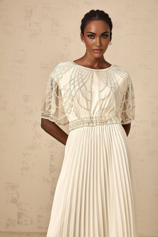 White pleated maxi dress with crystal embellishments named Xenia