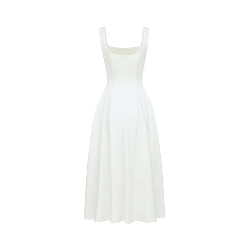 White pleated midi dress with flared skirt named Thala