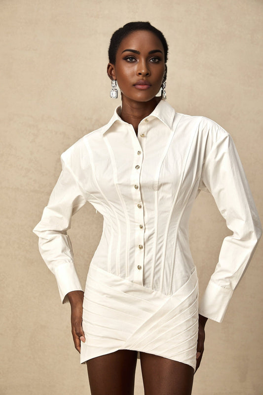 White pleated mini shirt dress with fitted waist by Orlane