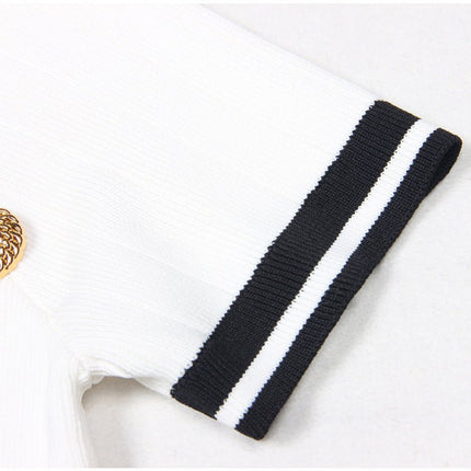 White Ribbed Knit Bodycon Dress with Nautical-Inspired Stripes and Gold Buttons