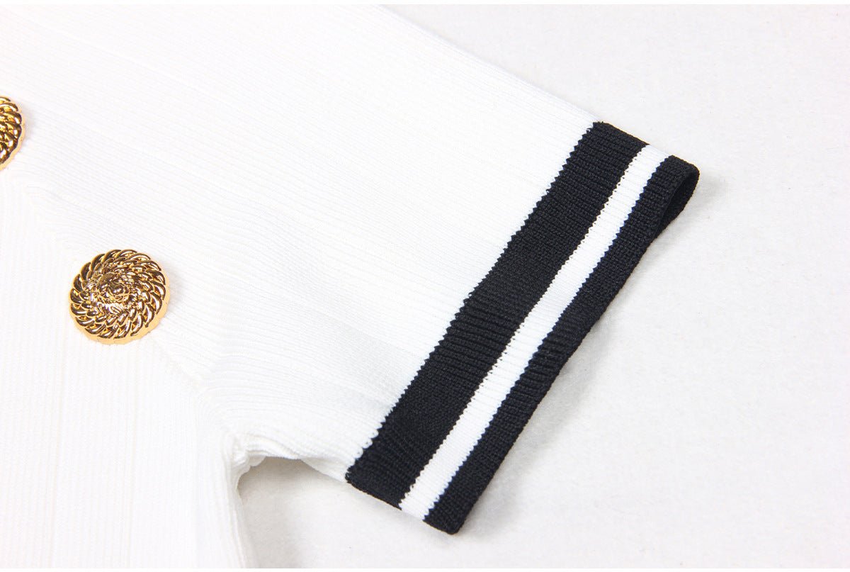 White Ribbed Knit Bodycon Dress with Nautical-Inspired Stripes and Gold Buttons