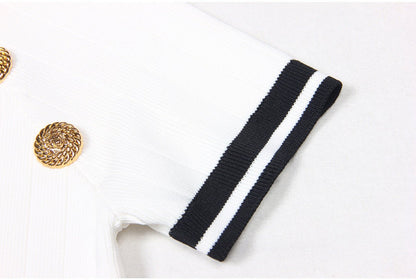 White Ribbed Knit Bodycon Dress with Nautical-Inspired Stripes and Gold Buttons