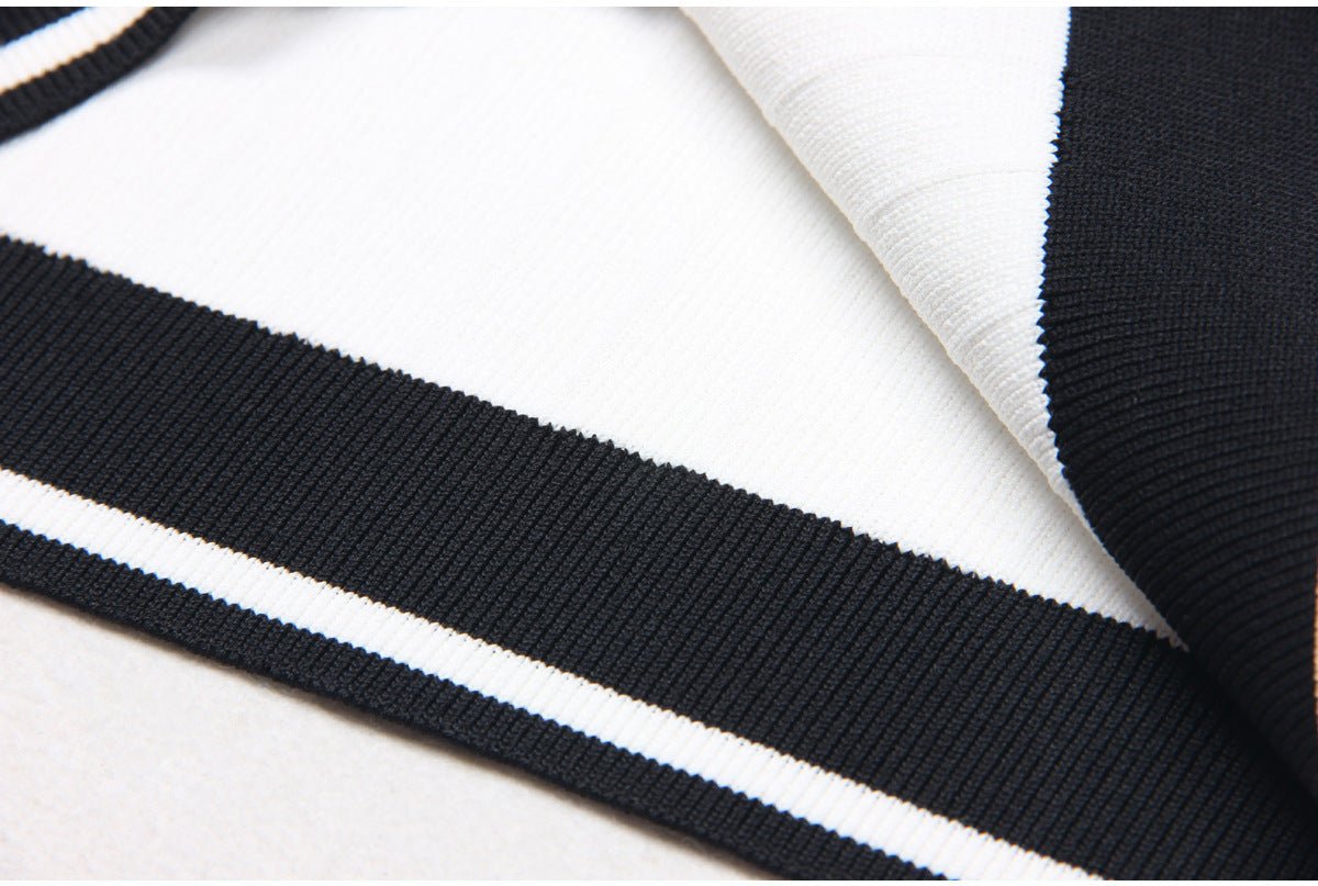 White Ribbed Knit Bodycon Dress with Nautical-Inspired Stripes and Gold Buttons