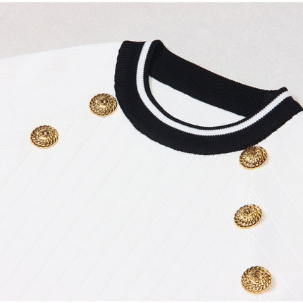 White Ribbed Knit Bodycon Dress with Nautical Stripes and Gold Buttons