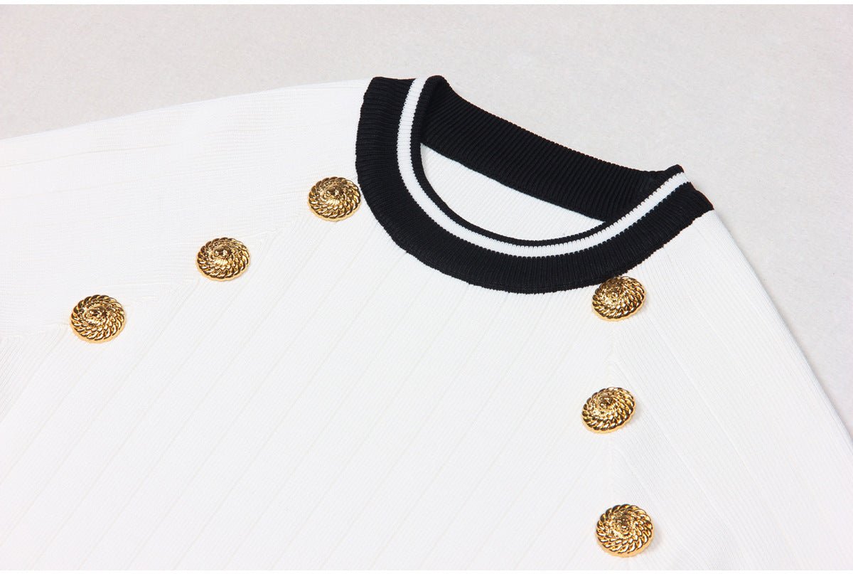 White Ribbed Knit Bodycon Dress with Nautical Stripes and Gold Buttons