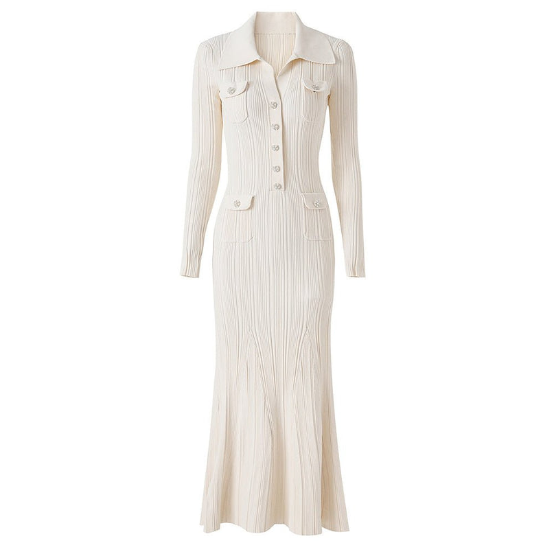 White ribbed knit button-down blouse with flared hemline