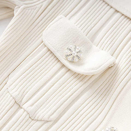 White ribbed knit button-down shirt with flared hemline
