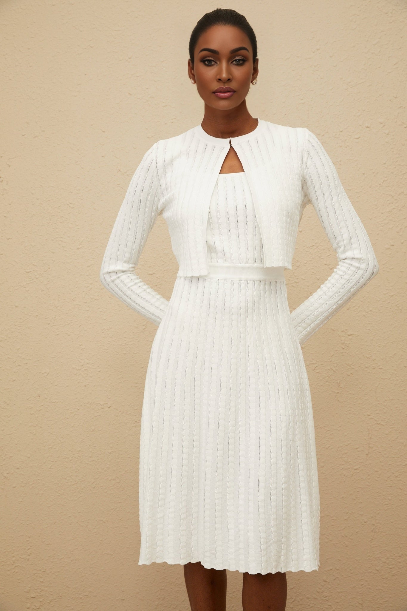 White Ribbed Knit Cropped Cardigan with Front Hook Fastening