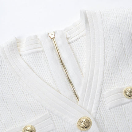 White Ribbed Knit Fitted Blouse with Gold Buttons