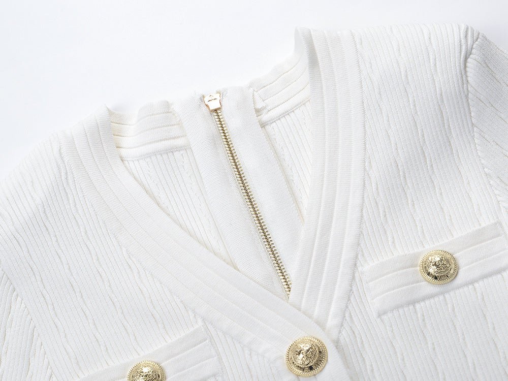 White Ribbed Knit Fitted Blouse with Gold Buttons