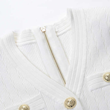White Ribbed Knit Fitted Shirt with Gold Buttons and Front Pockets