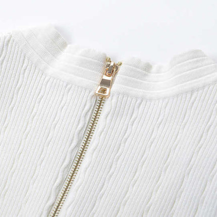 White Ribbed Knit Fitted Short Sleeve Top with Gold Button Details