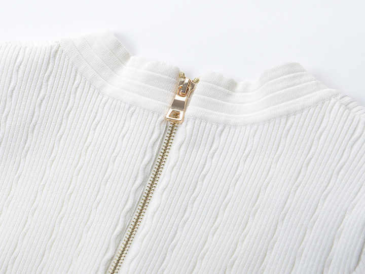White Ribbed Knit Fitted Short Sleeve Top with Gold Button Details