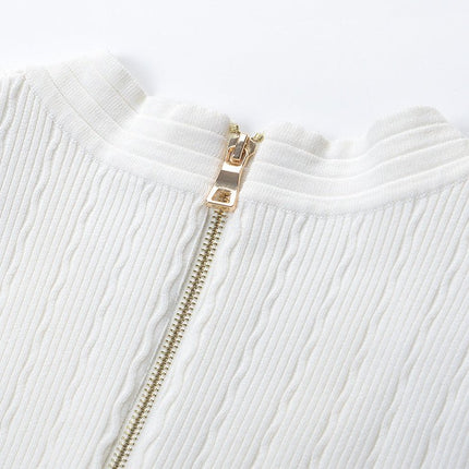 White Ribbed Knit Fitted Short Sleeve Top with Gold Buttons and Front Pockets