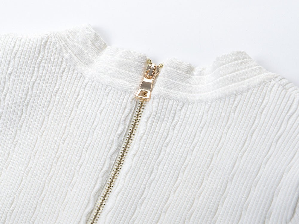 White Ribbed Knit Fitted Short Sleeve Top with Gold Buttons and Front Pockets
