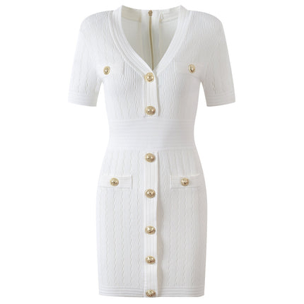 White Ribbed Knit Fitted Top with Gold Buttons and Front Pockets