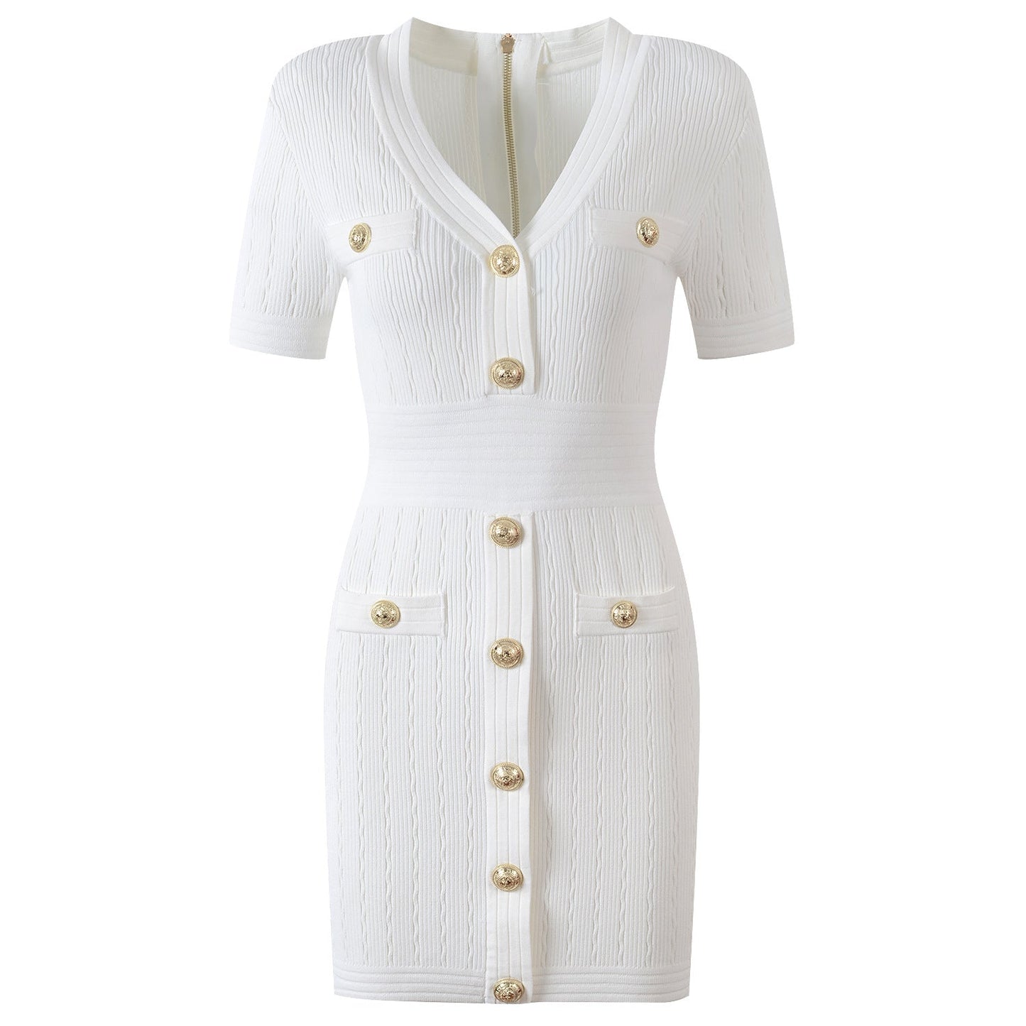 White Ribbed Knit Fitted Top with Gold Buttons and Front Pockets