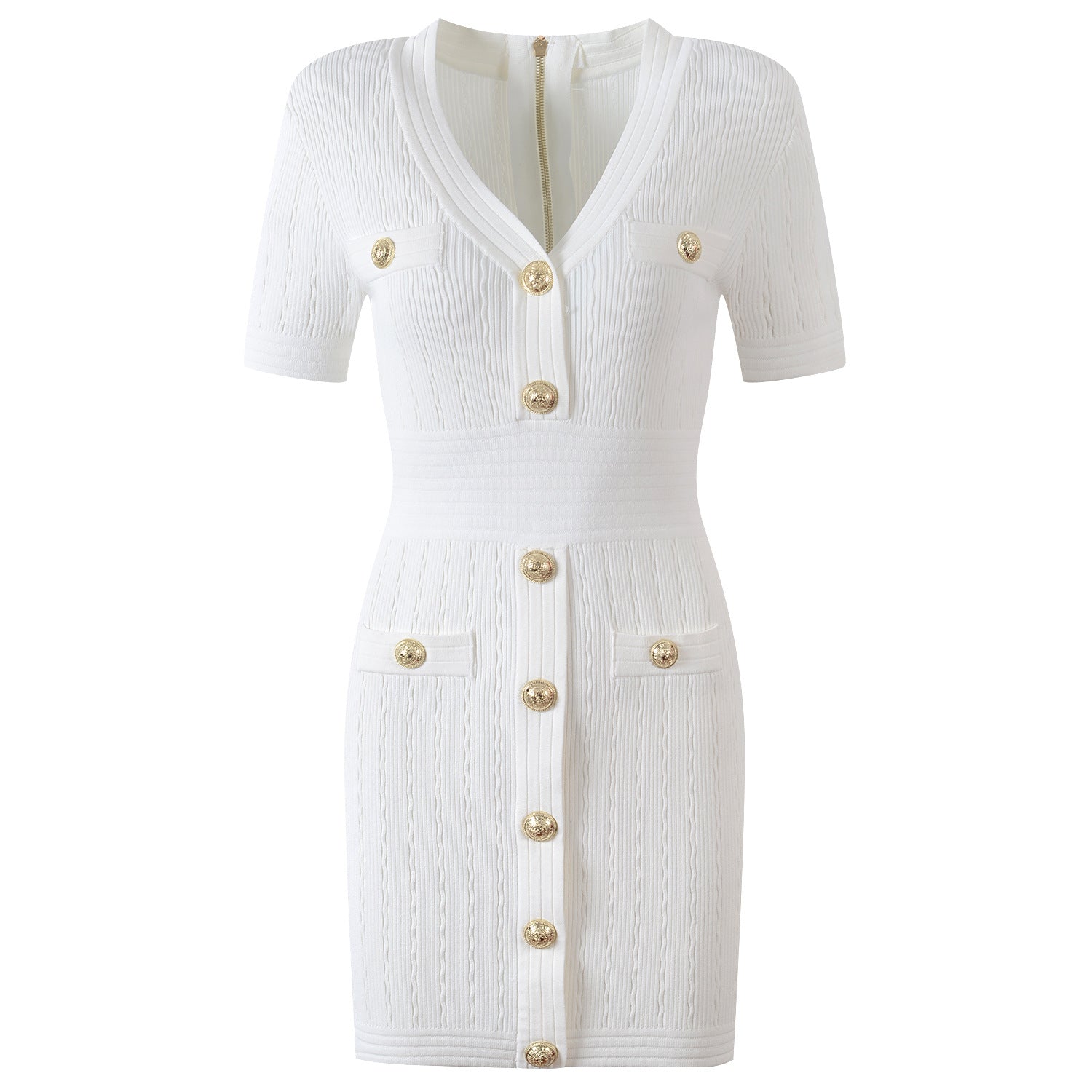 White Ribbed Knit Fitted Top with Gold Buttons and Front Pockets