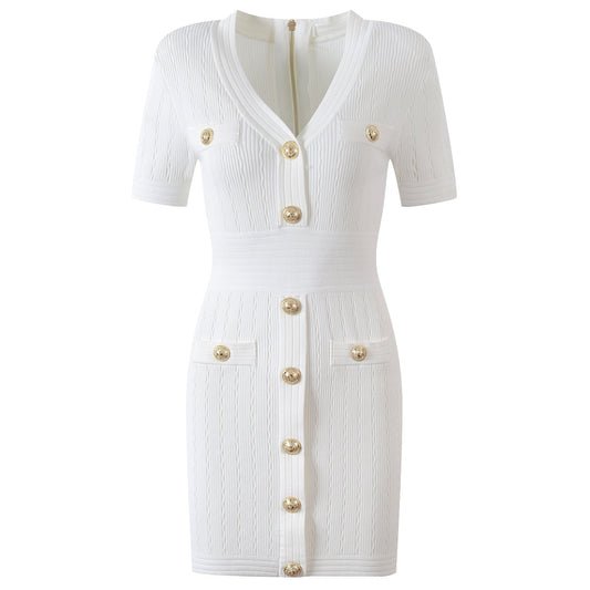 White Ribbed Knit Fitted Top with Gold Buttons and Front Pockets