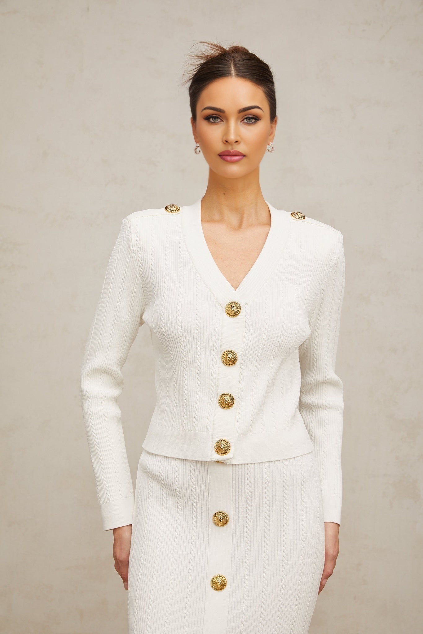 White ribbed knit jacket and skirt matching set Quirine two piece outfit