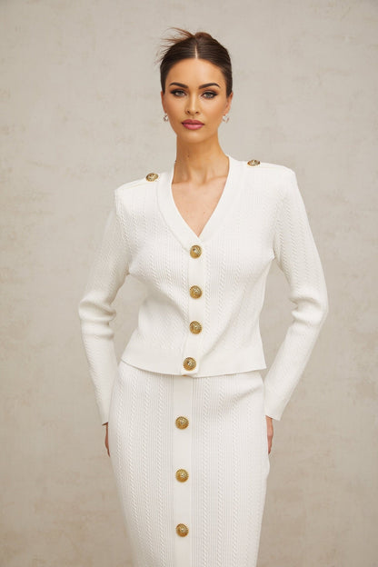 White ribbed knit jacket and skirt set Quirine matching outfit two piece ensemble