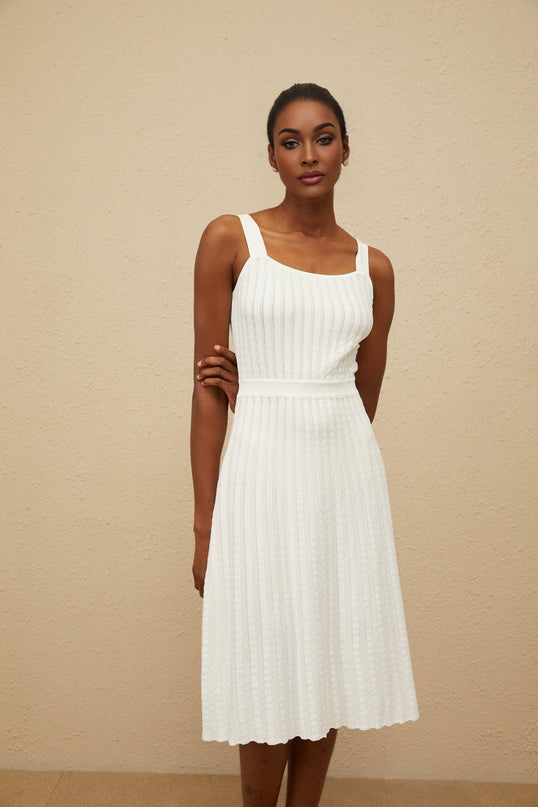 White Ribbed Knit Square Neck Midi Dress