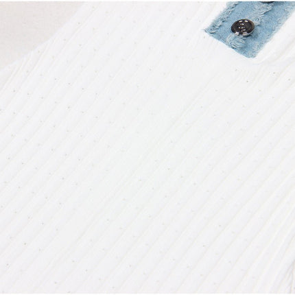 Blue accents on white ribbed maxi dress with pockets and button-down front