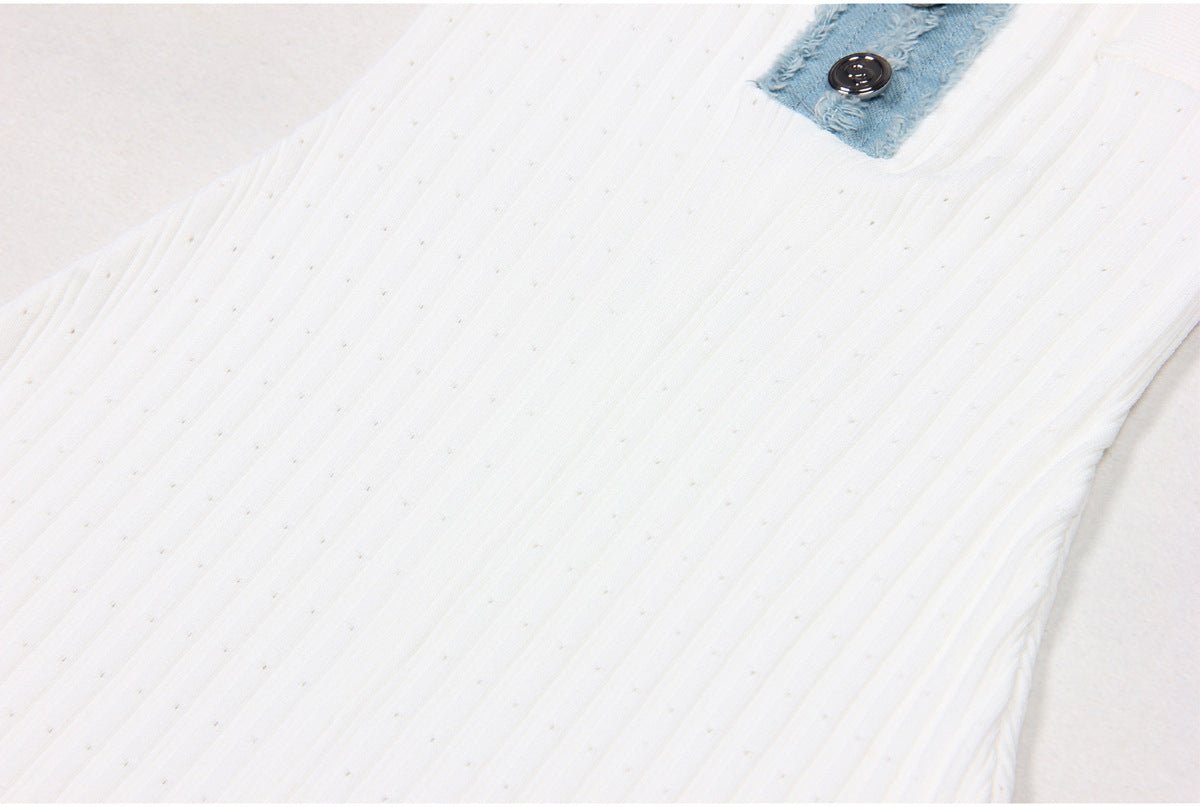 Blue accents on white ribbed maxi dress with pockets and button-down front