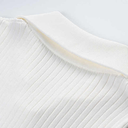 White Ribbed Texture Collared Knit Blazer with Gold Buttons and Decorative Pockets