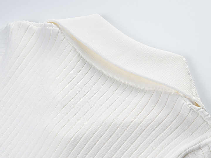 White Ribbed Texture Collared Knit Blazer with Gold Buttons and Decorative Pockets