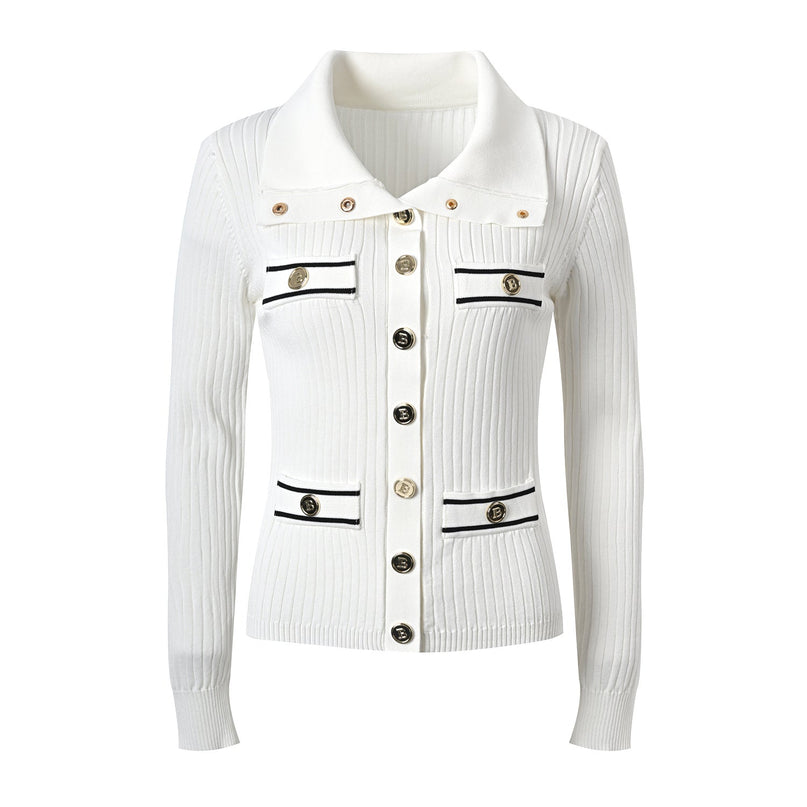 White Ribbed Texture Collared Style Fitted Blazer with Gold Buttons and Decorative Pockets