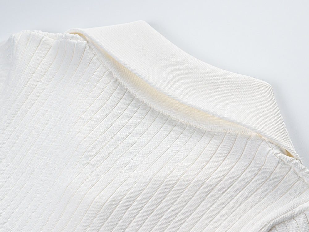 White Ribbed Texture Collared Style Knit Blazer with Gold Buttons and Decorative Pockets