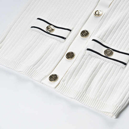 White Ribbed Texture Collared Style Knit Jacket with Gold Buttons and Decorative Pockets