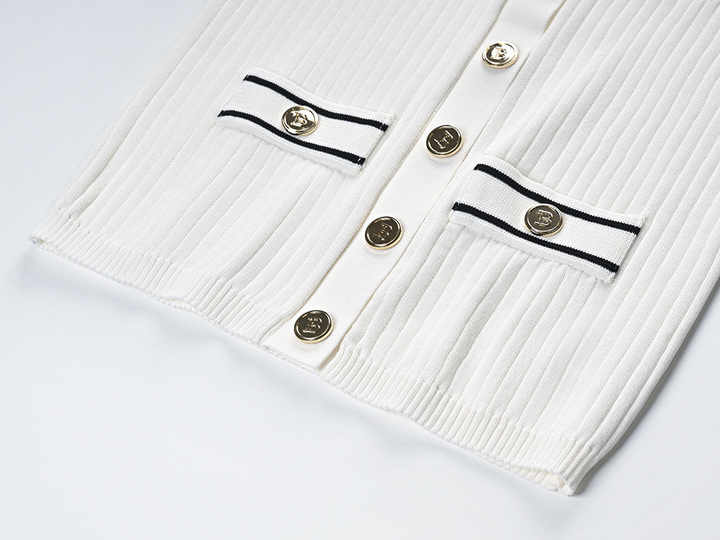 White Ribbed Texture Collared Style Knit Jacket with Gold Buttons and Decorative Pockets