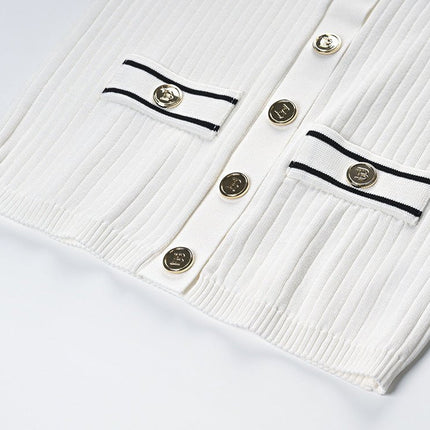 White Ribbed Texture Collared Style Knit Jacket with Gold Buttons and Decorative Pockets