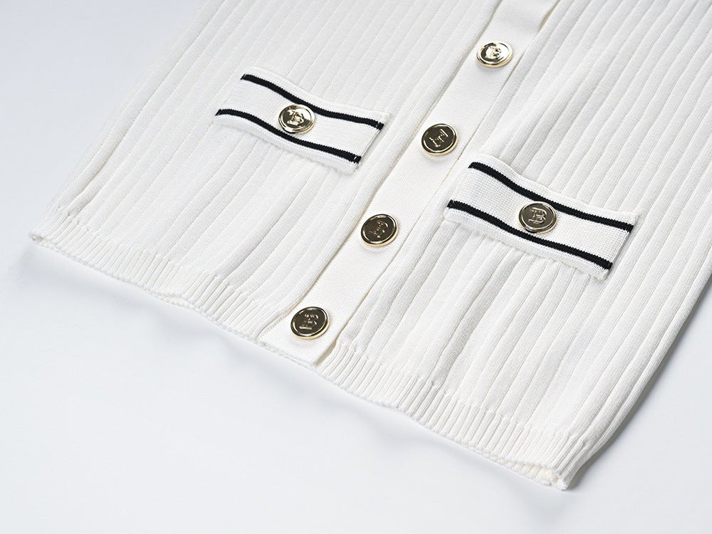 White Ribbed Texture Collared Style Knit Jacket with Gold Buttons and Decorative Pockets