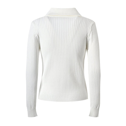 White Ribbed Texture Collared Style Knit Jacket with Gold Buttons and Decorative Pockets
