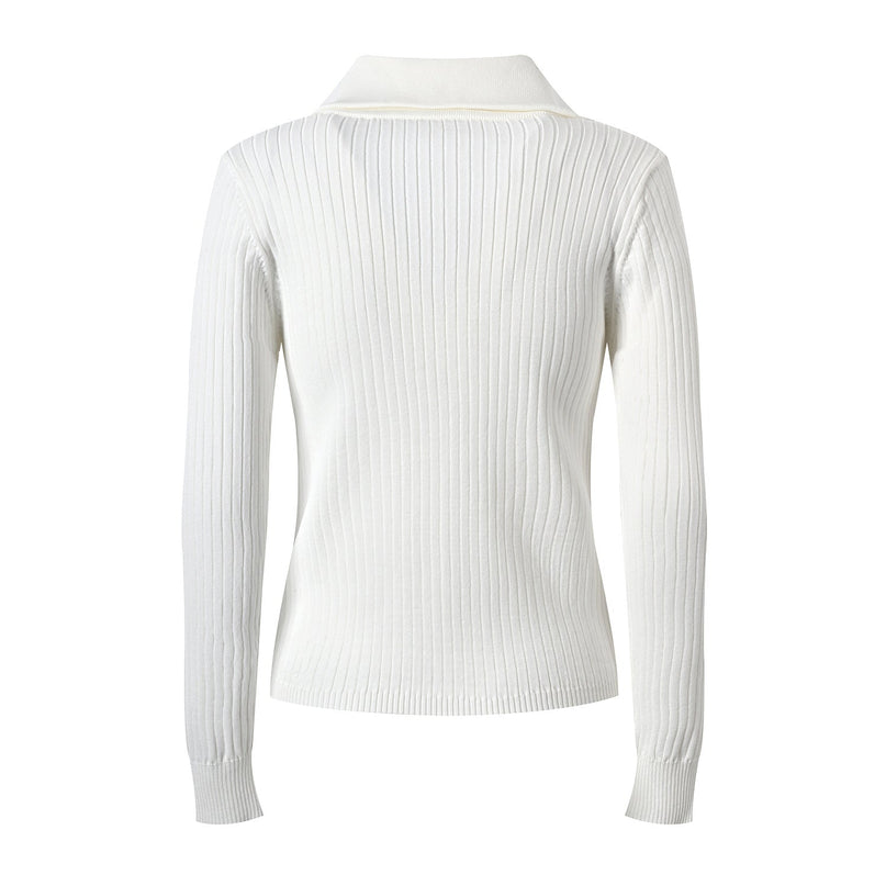 White Ribbed Texture Collared Style Knit Jacket with Gold Buttons and Decorative Pockets