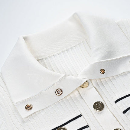 White Ribbed Texture Collared Style Sweater with Gold Buttons and Decorative Pockets