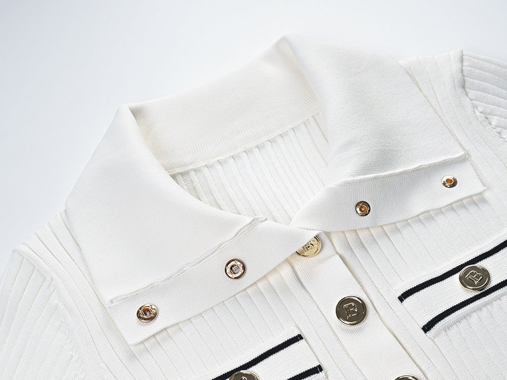 White Ribbed Texture Collared Style Sweater with Gold Buttons and Decorative Pockets